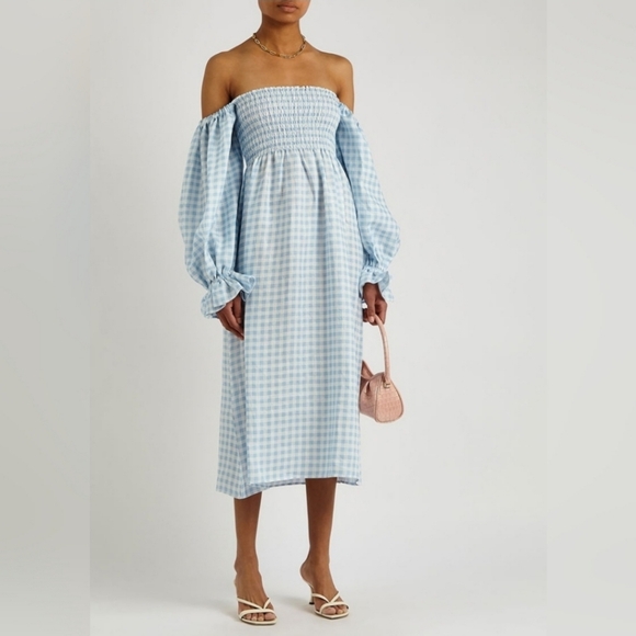 Sleeper 100% linen blue and white gingham atlanta midi dress, small - Picture 4 of 12